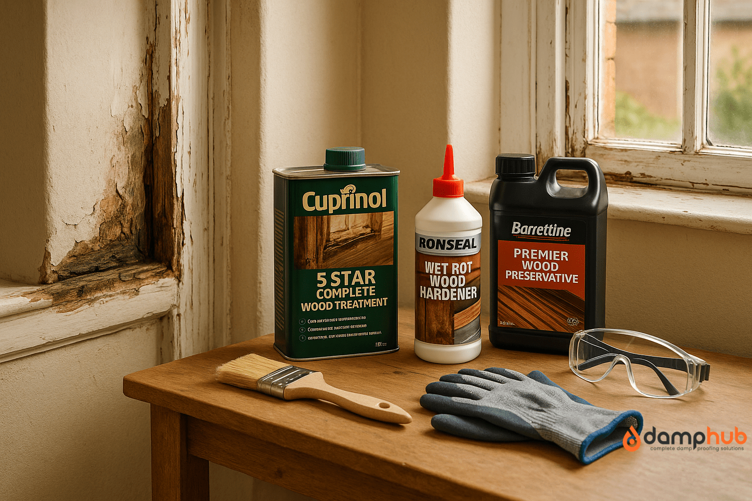 Close-up of a damaged wooden window frame and skirting board showing severe wet rot with darkened, crumbling wood and peeling paint. In front, on a wooden table, are three labelled wet rot treatment products — Cuprinol 5 Star Complete Wood Treatment, Ronseal Wet Rot Wood Hardener, and Barrettine Premier Wood Preservative — alongside a paintbrush, protective gloves, and safety goggles, all lit by natural daylight from the window.