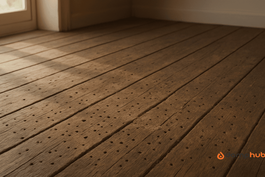 Wide-angle view showing woodworm in floorboards, with numerous small round exit holes, powdery frass, cracks, and worn edges, illuminated by warm natural light from a nearby window.