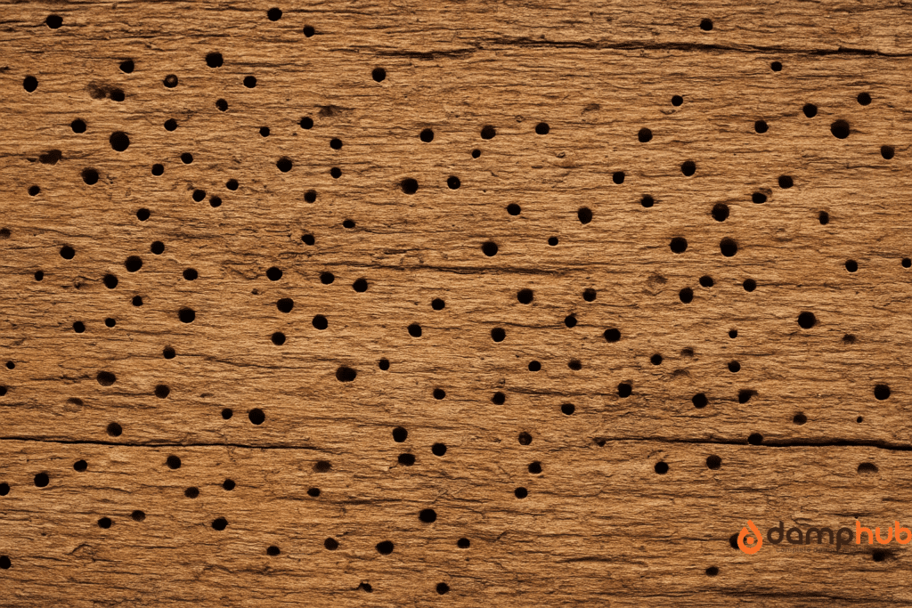 a wood with many small holes caused by woodworm 