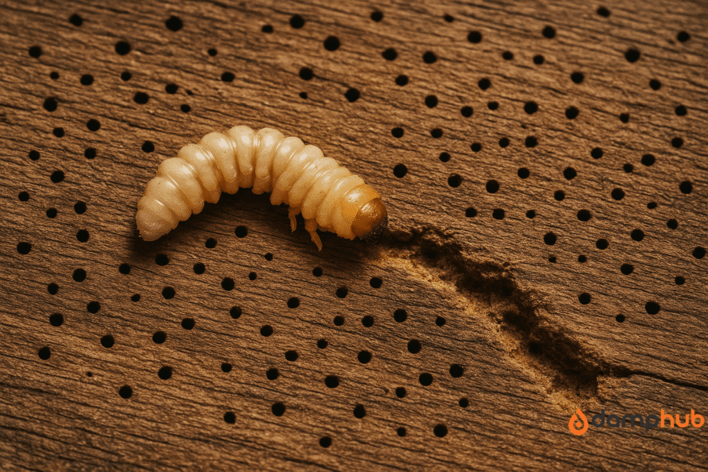 A close-up view of an aged wooden surface showing extensive woodworm damage, with a creamy-white woodworm larva featuring a brown head emerging from a freshly bored tunnel, surrounded by numerous small, round exit holes in the timber.