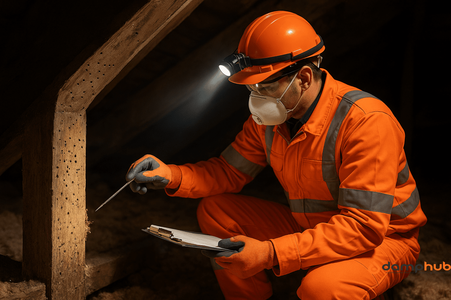 A professional woodworm surveyor kneels inside a dimly lit attic, wearing bright deep orange high-visibility PPE with reflective strips, gloves, hard hat, dust mask, and a head-mounted torch. The headlamp beam illuminates a wooden beam with numerous small round exit holes and traces of frass, while the surveyor uses a probing tool in one hand and holds a clipboard in the other, surrounded by visible attic beams and insulation.
