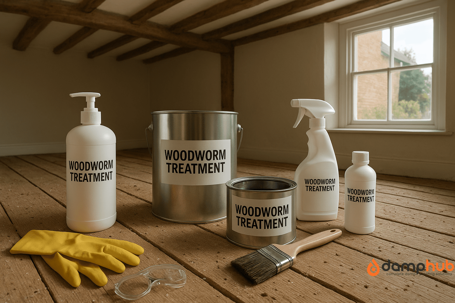 a collection of DIY woodworm treatment products