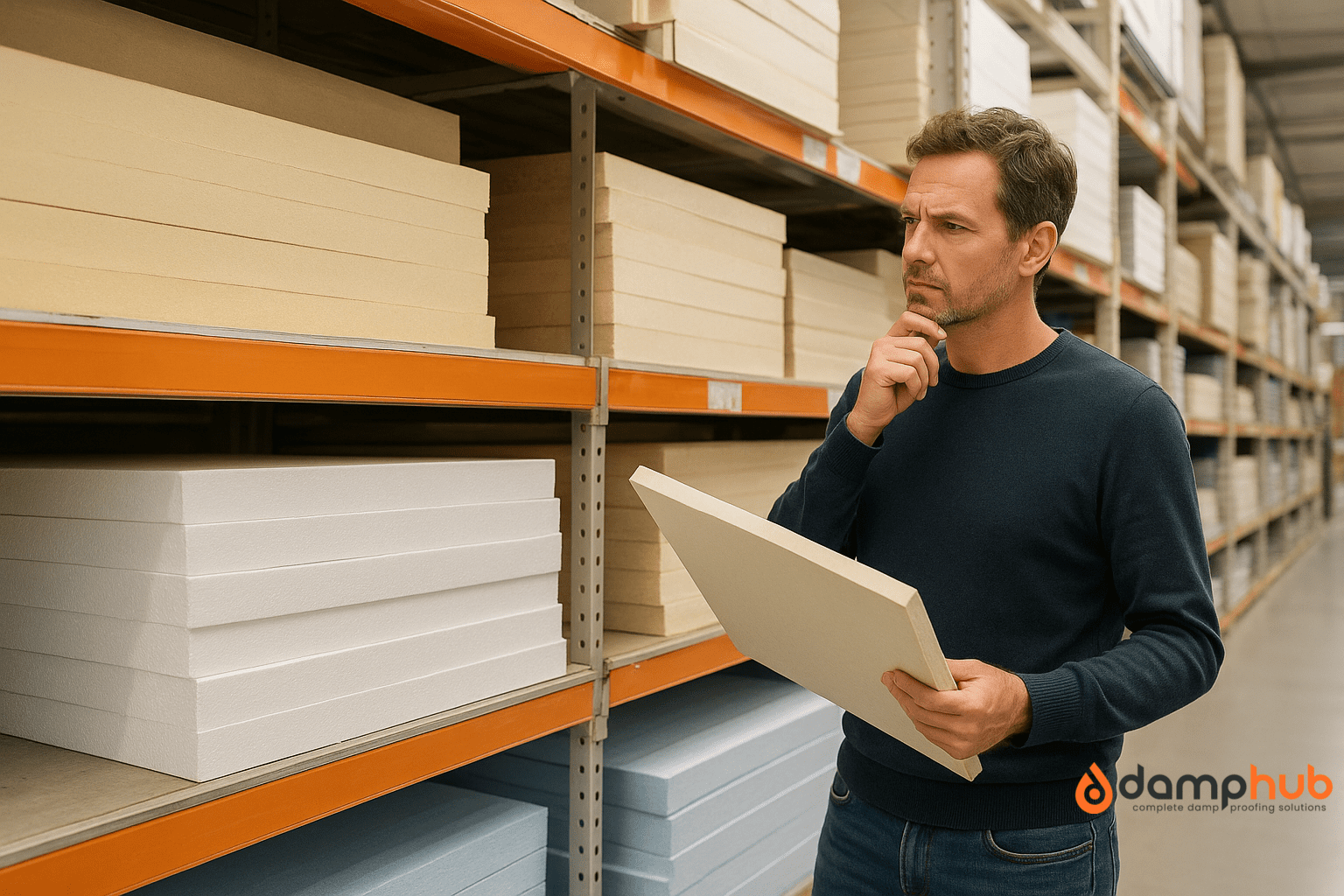 A middle-aged man in casual clothing stands thoughtfully in the insulation aisle of a DIY store, holding one insulation board while looking at another on the shelf, with neatly stacked insulation boards around him.