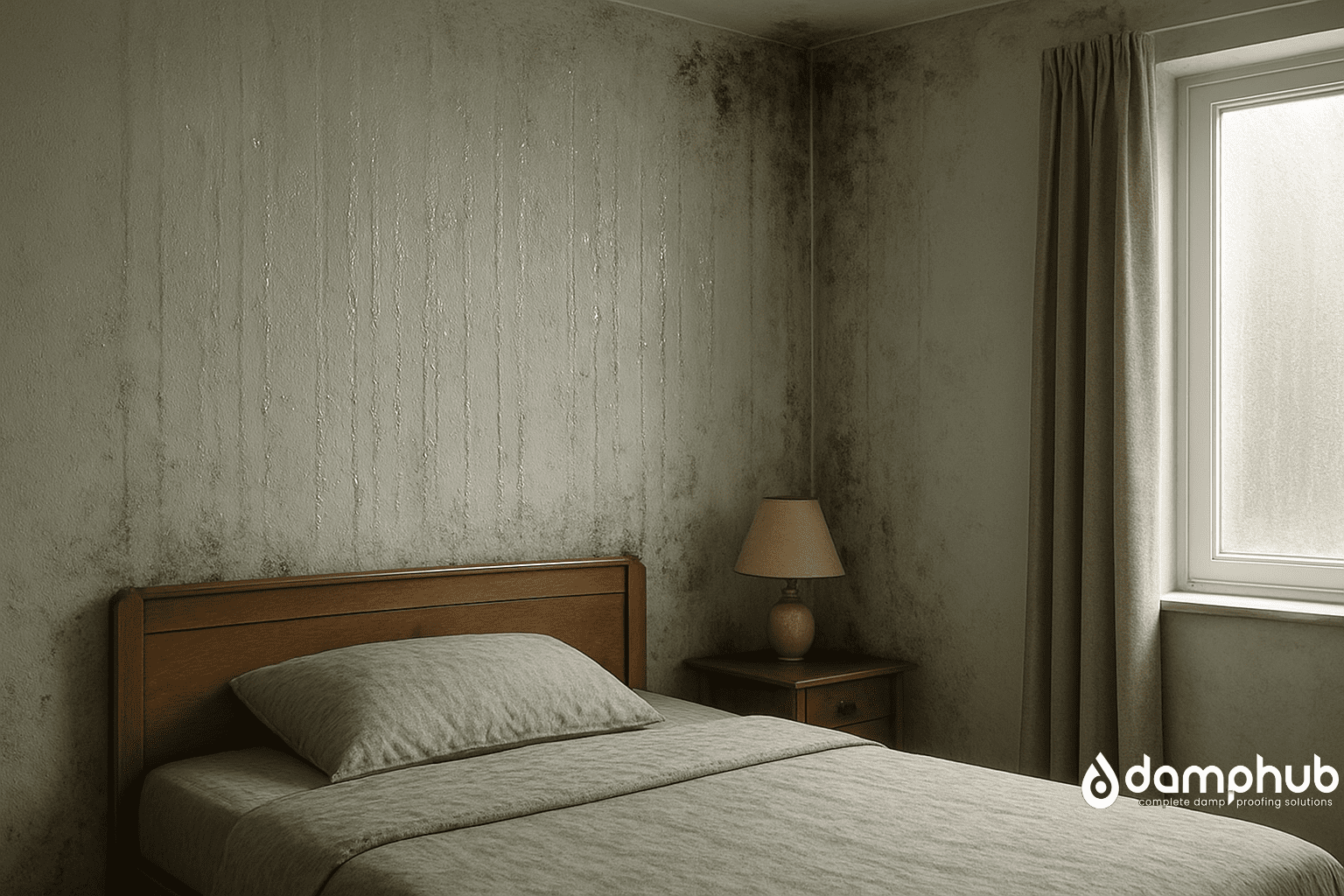 Bedroom with bed against a wall showing heavy condensation streaks, water droplets, and black mould developing in the corners.