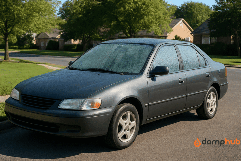 Condensation in car. A grey car parked on a suburban street with condensation covering all its windows on a clear morning.