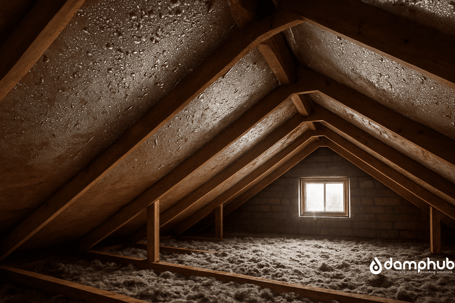 An empty loft interior with wooden beams and insulation on the floor. The underside of the roof is damp, with visible water droplets and patches of condensation forming on the surface.