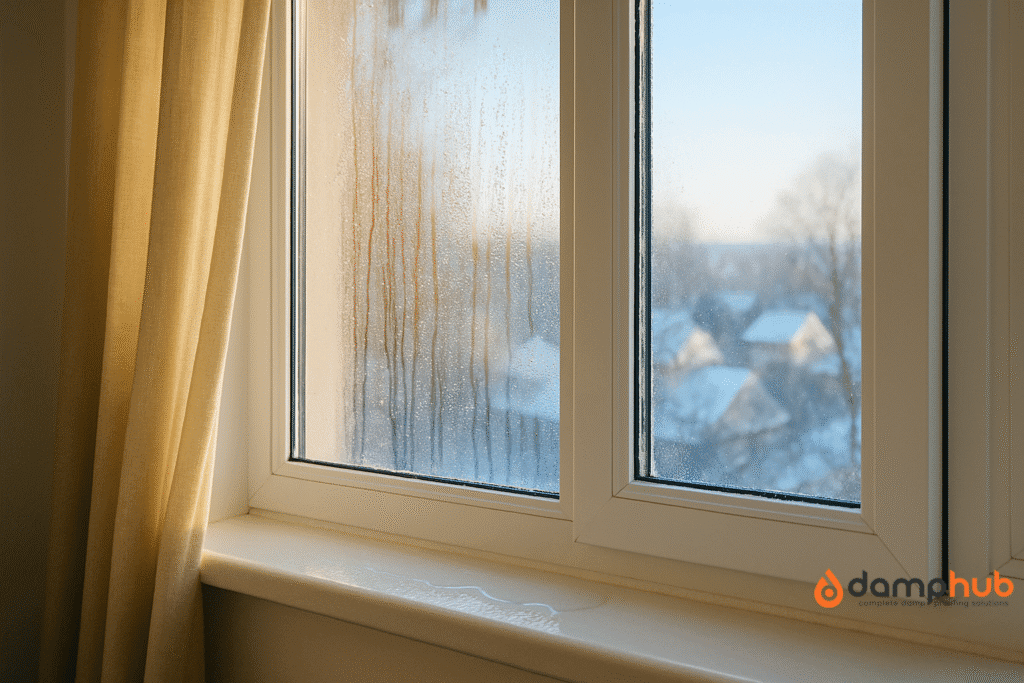 A bright winter morning view of a double-glazed window with condensation droplets running down the inside glass. Sunlight shines through beige curtains, while snow-covered houses and trees are visible outside in the distance.