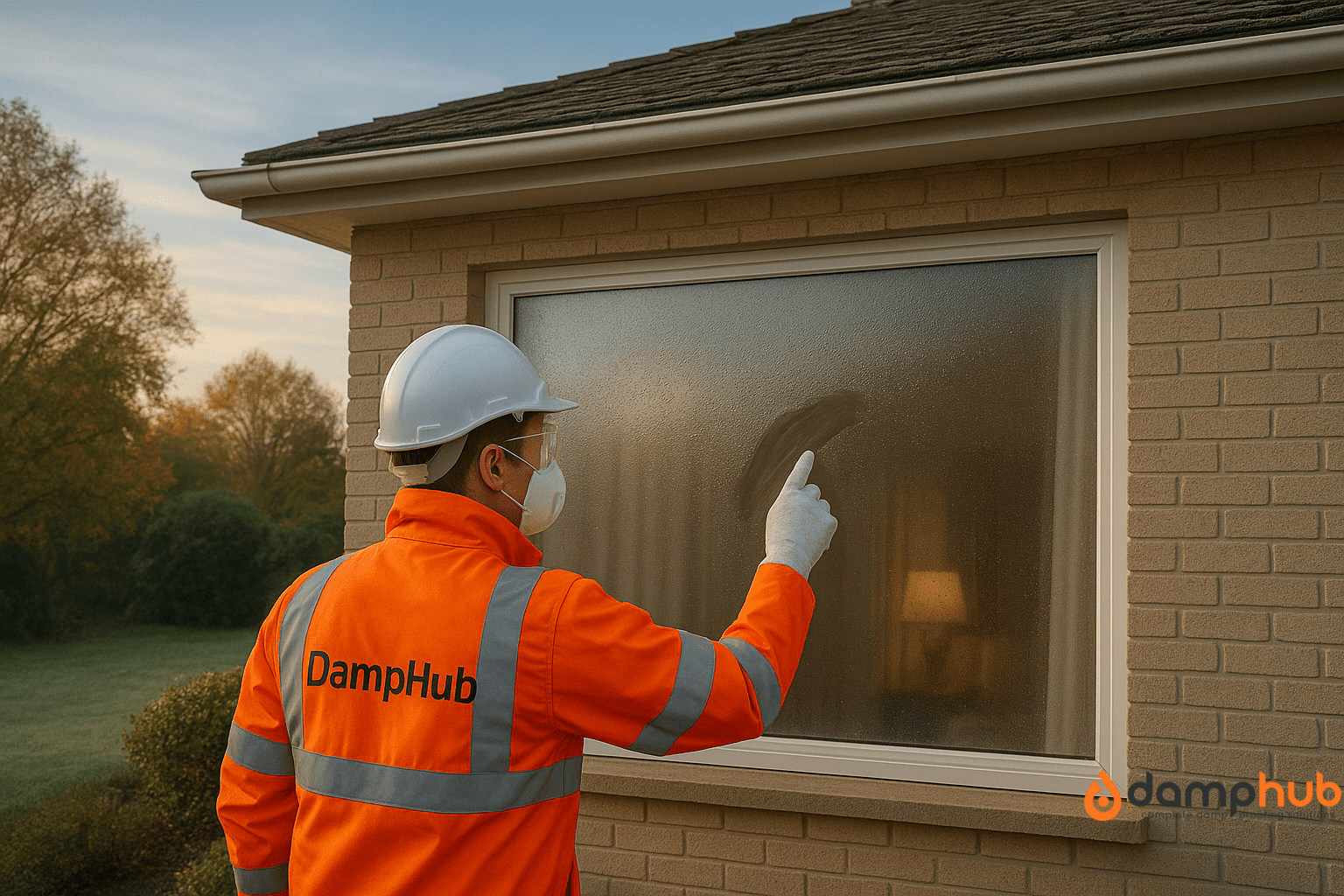 A DampHub expert in bright orange PPE with ‘DampHub’ written on the back, wearing a white helmet, gloves, mask, and goggles, wipes condensation from the outside of a house window on a misty morning, with the home interior faintly visible through the clear streak