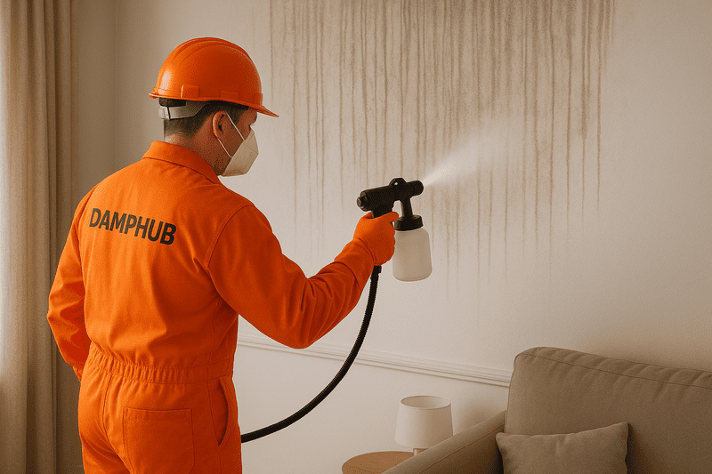 A DampHub technician in bright orange PPE with “DAMPHUB” printed on the back sprays anti-condensation paint onto a living room wall. Visible dark condensation streaks run down the wall above a beige sofa, while natural light enters from a nearby window.