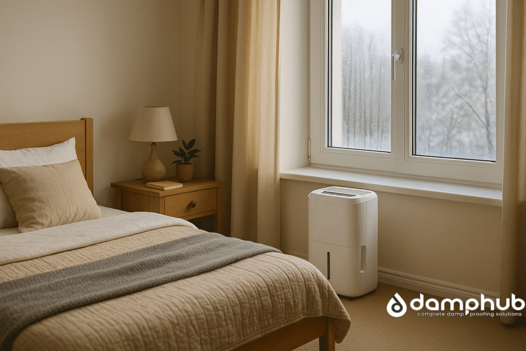 condensation inside windows: A cosy modern bedroom on a cold winter morning, with a white dehumidifier placed near a closed window showing condensation droplets. The room has a neatly made bed with layered blankets and pillows, a wooden bedside table with a lamp and plant, and soft daylight coming through partly drawn curtains.