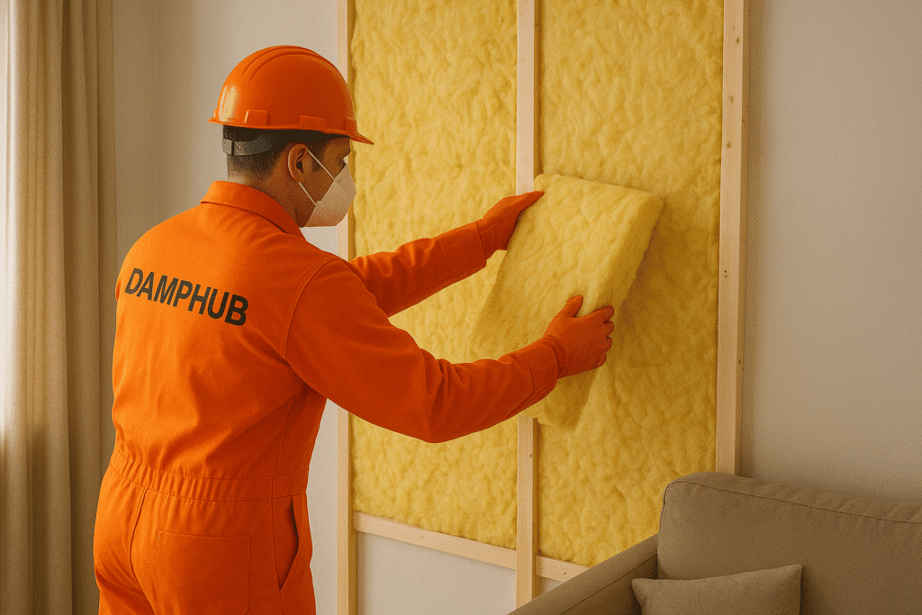 A DampHub technician in bright orange PPE with “DAMPHUB” on the back installs yellow fiberglass insulation into a living room wall frame, working carefully beside a beige sofa and curtain.