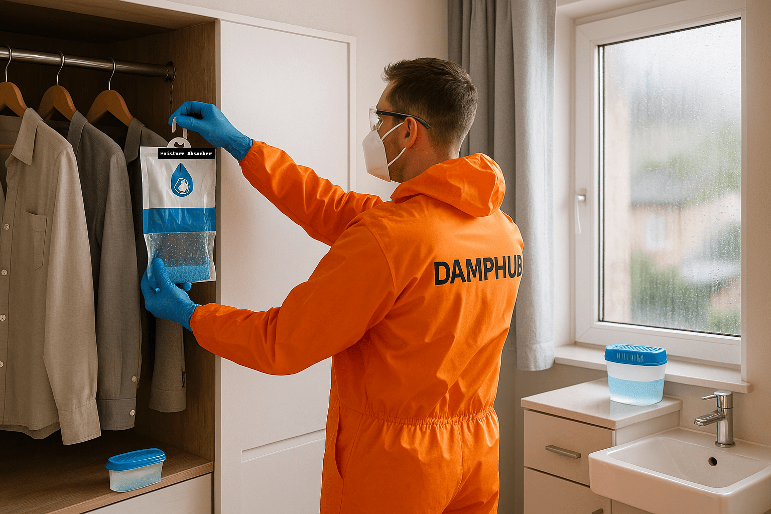 A Damphub technician wearing bright orange PPE, gloves, goggles, and a face mask hangs a moisture absorber bag inside a wardrobe. Two additional disposable dehumidifier tubs are visible on a cupboard and shelf. A window in the background shows condensation droplets, illustrating indoor damp control in action
