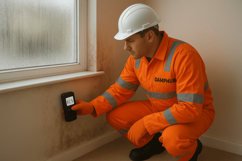 A DampHub expert in bright orange PPE with reflective strips and a white hard hat kneels indoors, pressing a digital moisture meter against a damp wall beside a condensation-covered window. The moisture meter screen shows a reading of 82.5%.