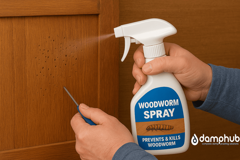A person is holding a spray bottle labelled “Woodworm Spray” while applying it to a wooden surface marked with multiple small exit holes from woodworm infestation. Another hand is using a tool to inspect or widen the holes, showing the process of treating woodworm damage.