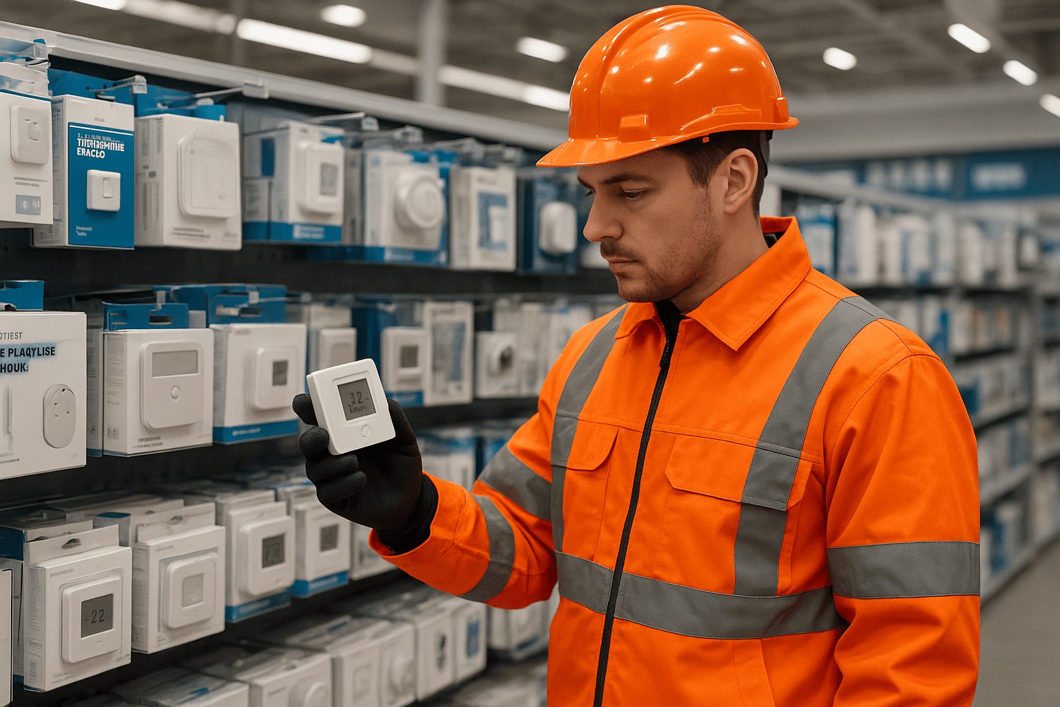 A man wearing bright orange high-visibility workwear and a hard hat is standing in a store aisle, examining a digital thermostat or temperature sensor. Shelves behind him are stocked with similar boxed devices, and he is holding one device in his gloved hand, looking at its display. The store is well-lit and organized, showing multiple rows of temperature sensors and thermostats.