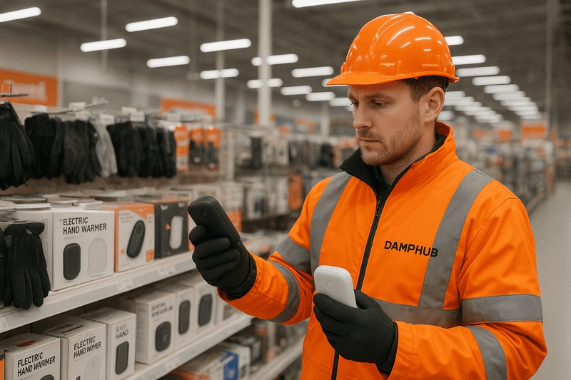 Damphub technician in orange safety gear comparing electric hand warmers in a large UK retail store aisle, holding one in his hands while examining features, surrounded by multiple models on display