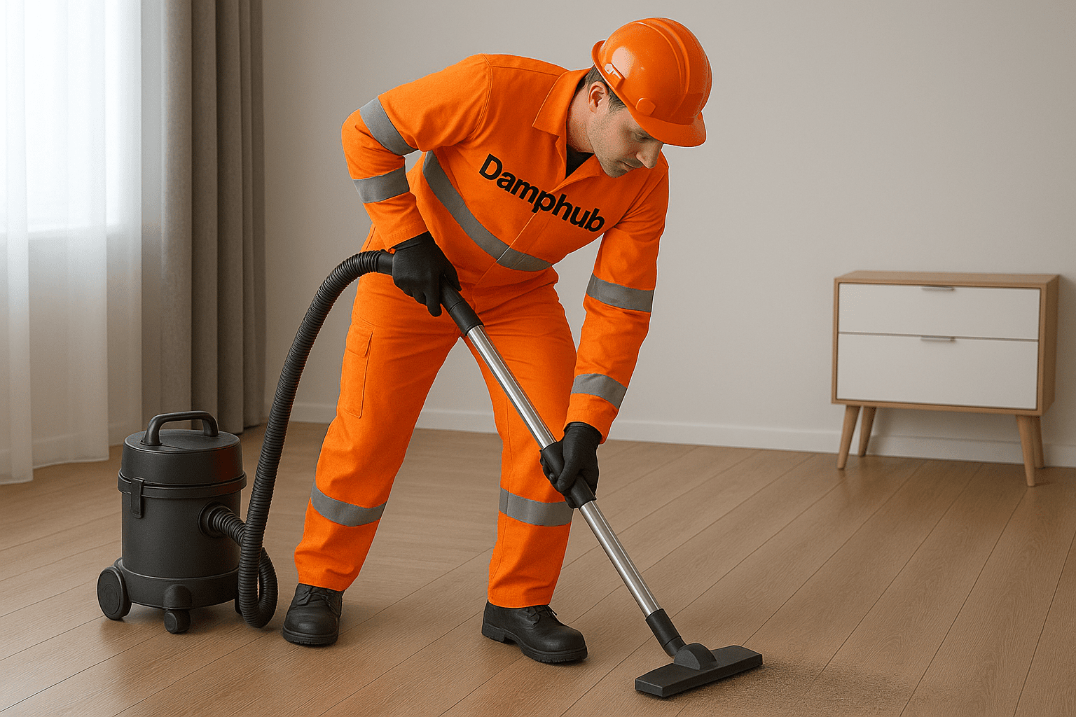 Damphub technician in bright orange safety gear vacuuming dust from a hard floor, showing clear contrast between cleaned and dirty areas in a modern interior.
