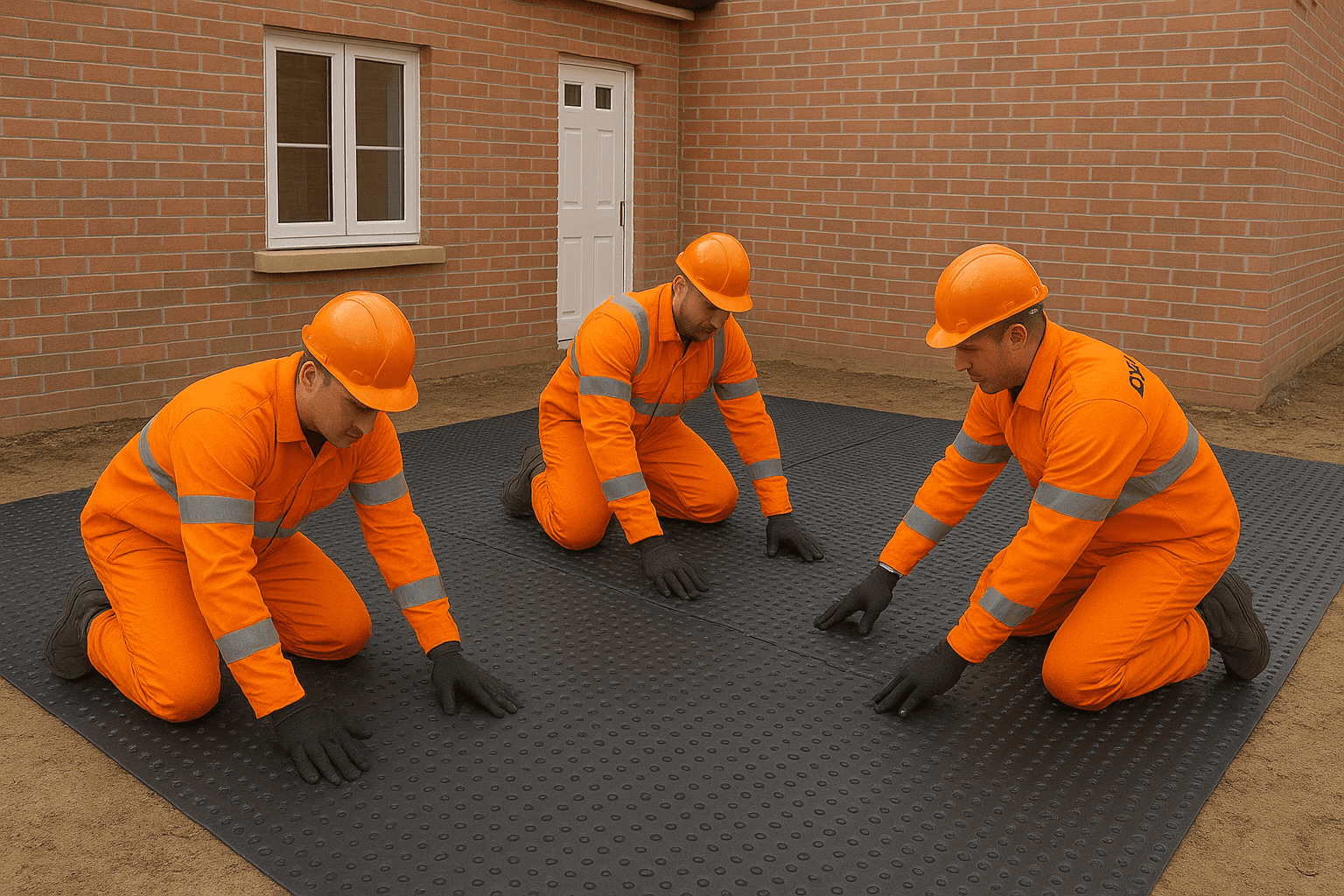Three construction workers wearing bright orange high-visibility “Damphub” uniforms and hard hats install multiple black damp-proof membrane sheets on the ground outside a newly built brick house, showing several DPM sections already laid out to indicate ongoing work.