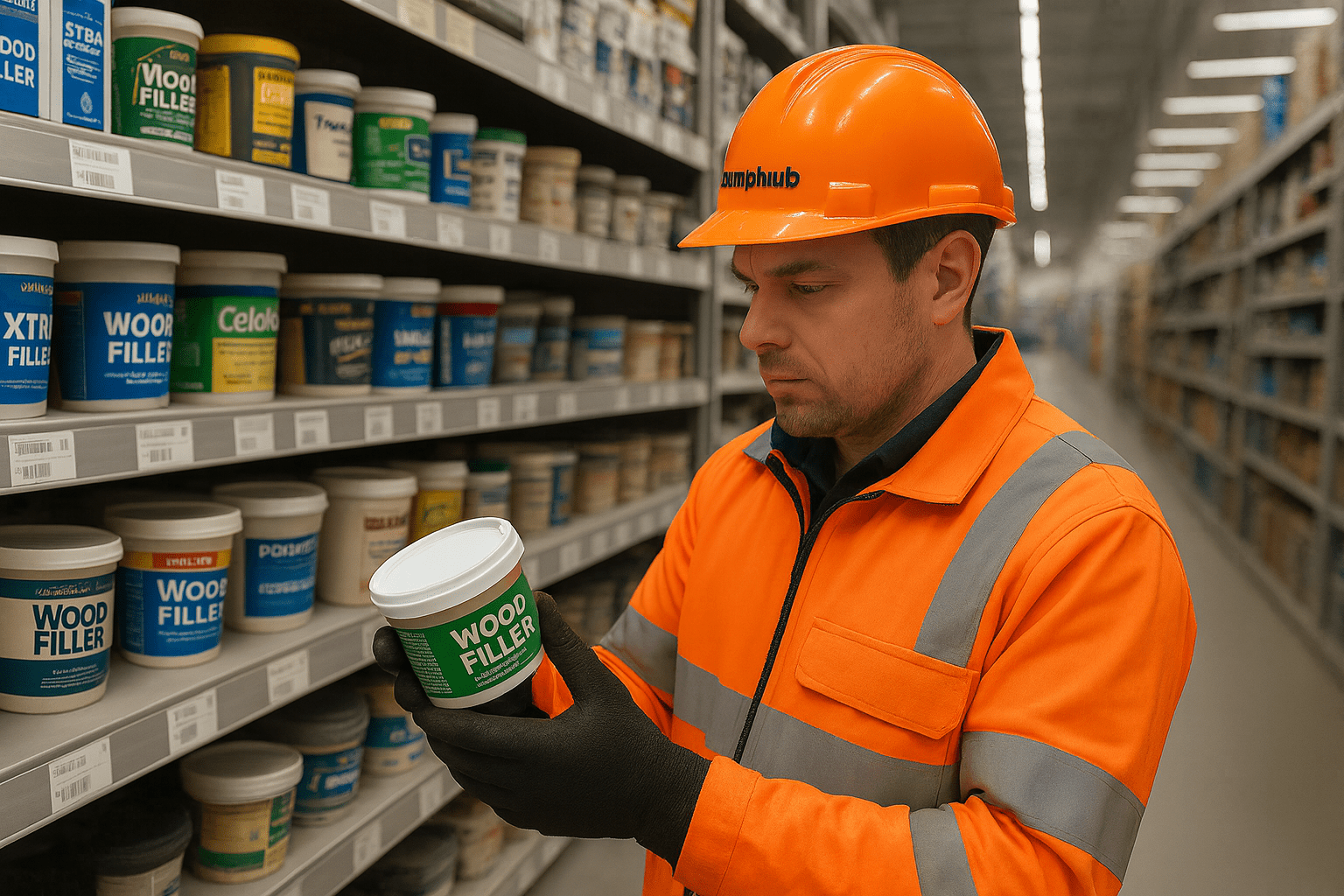 A damphub expert comparing wood filler in a huge shop