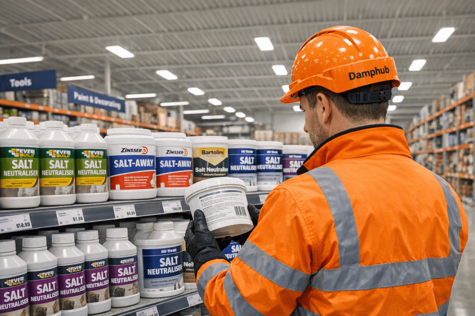 Photo-realistic image of a UK technician in bright orange safety gear with reflective grey stripes and a hard hat labeled 'Damphub,' standing in a large, well-lit DIY store aisle. He is holding a tub of salt neutraliser, reading the back label with a thoughtful expression. Shelves around him are neatly stocked with multiple brands of salt neutralisers, each clearly labeled. The store has long aisles and high shelving visible in the background.
