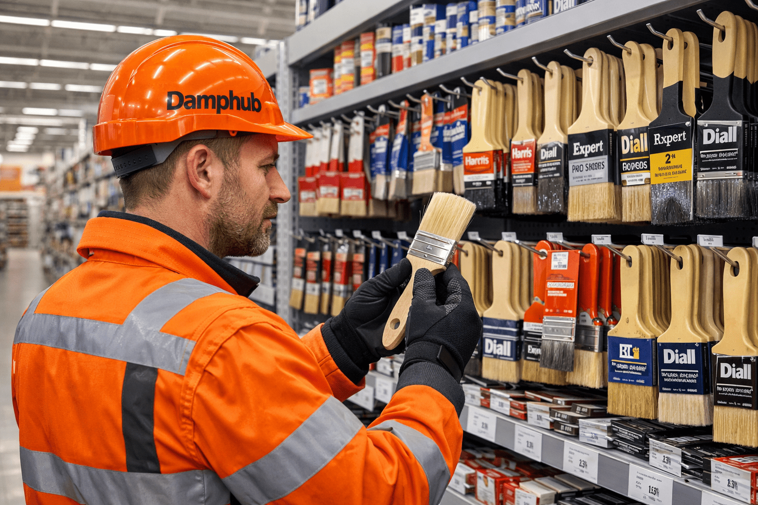 Professional UK technician wearing bright orange safety gear and a 'Damphub' hard hat inspecting a paint brush in a well-stocked DIY megastore aisle, with multiple paint brush brands visible on shelves.
