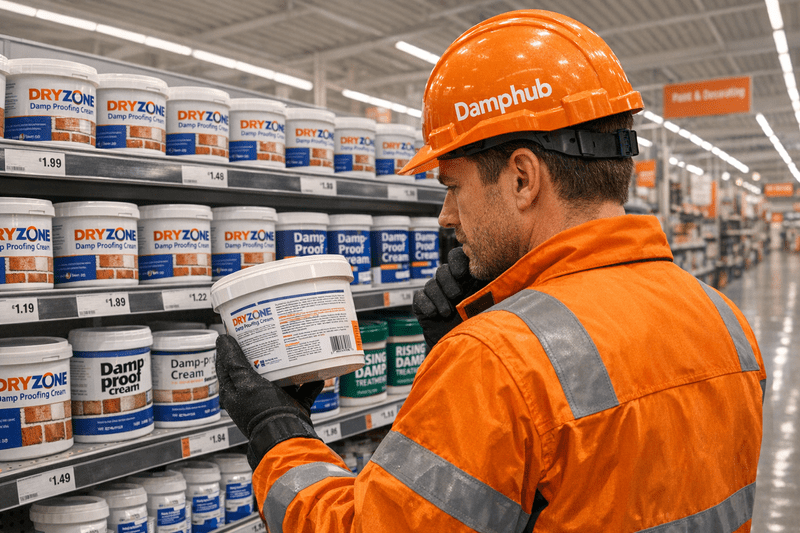 A professional UK technician wearing bright orange safety gear and a hard hat with “Damphub” branding inspects a tub of Dryzone Damp Proofing Cream in a well-stocked DIY megastore aisle, evaluating the label with a thoughtful expression.