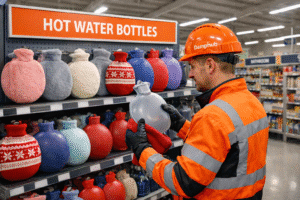 UK technician in orange safety gear inspecting round hot water bottle in DIY store aisle, hot water bottles with fabric covers on shelves, Damphub branded hard hat, shopping for quality hot water bottles in B&Q or Screwfix style store.