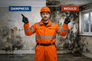 UK damp and mould comparison showing a Damphub technician facing forward and pointing to a damp wall on the left and black mould growth on the right inside a UK home.