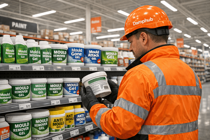 Professional UK Damphub technician in orange safety gear comparing mould remover gels on a DIY store shelf.