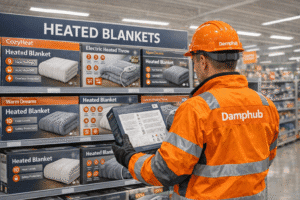Professional UK technician in orange Damphub safety gear comparing boxed heated blankets in a well-lit DIY store aisle labeled “Heated Blankets”