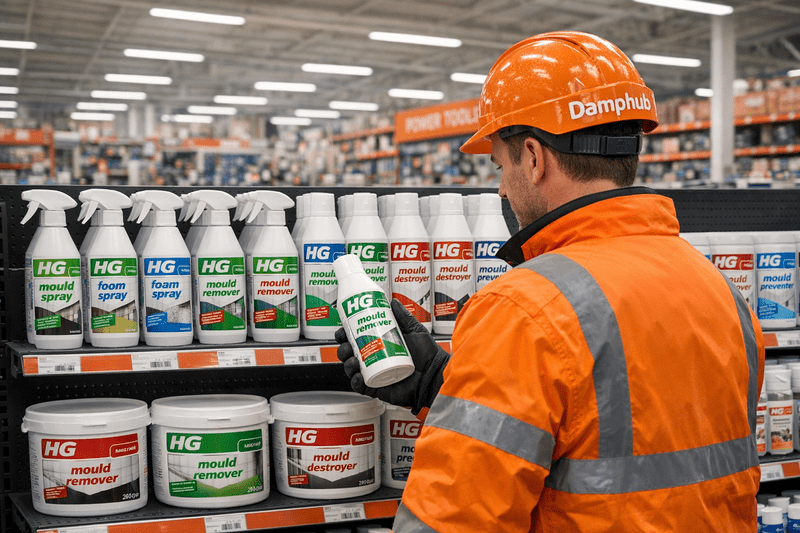 UK technician comparing HG mould remover products in a DIY store.
