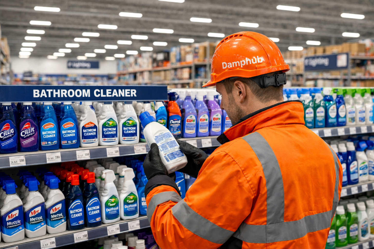 UK Damphub technician in orange safety gear comparing bathroom cleaner bottles on a clearly labelled bathroom cleaner shelf in a DIY store.