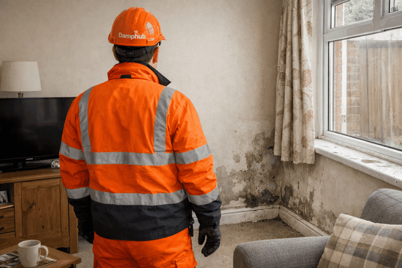 UK technician in orange safety gear inspecting damp patches in a living room