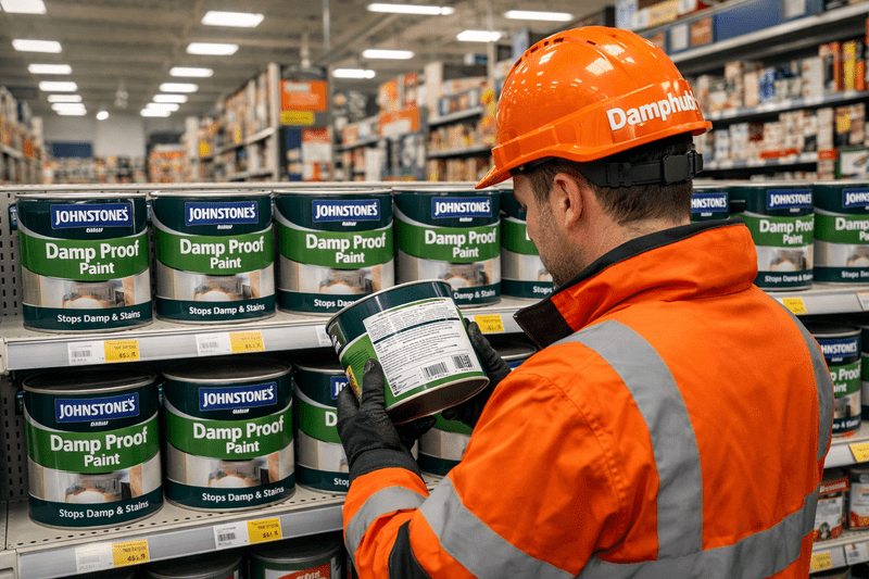 UK technician in orange safety gear inspecting Johnstone’s Damp Proof Paint in a DIY store aisle.