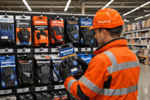 Professional UK technician in bright orange safety gear and Damphub hard hat comparing waterproof work gloves in a well-lit UK DIY megastore aisle, holding a pair of gloves and reading the packaging.